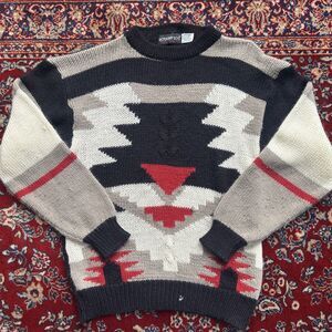 VTG 90s Botany 500 White Black Red Abstract Knit Pullover Sweater Size Medium